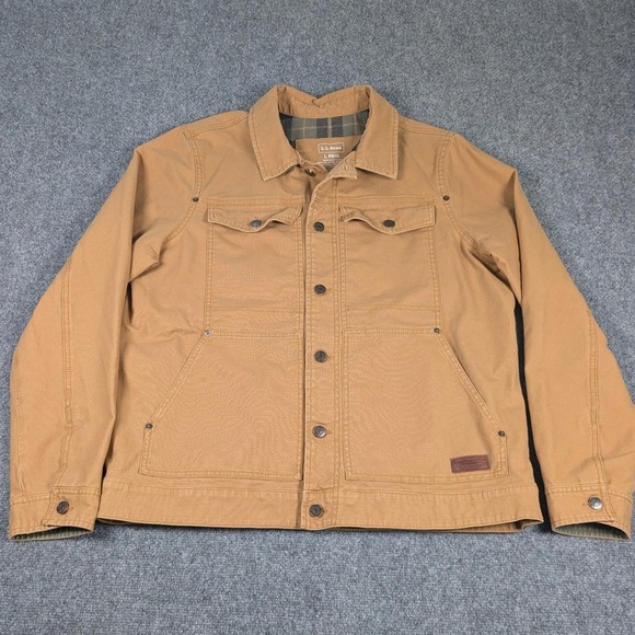 LL Bean Mens Field Jacket L Regular Saddle Tan Canvas Plaid Lined 515959 - Picture 3 of 8